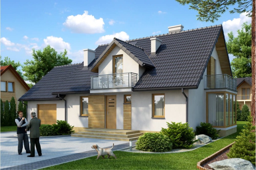 Projekt domu Stryszawa DM-6382, parterowy z poddaszem mieszkalnym, bez podpiwniczenia, z garażem - kolorystyka wersja 1