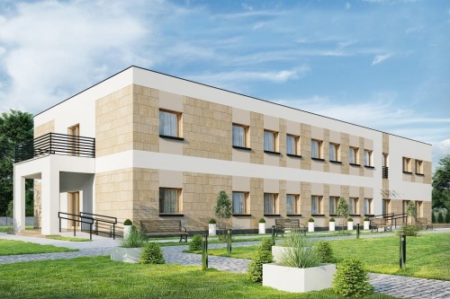 Projekt budynku terapeutycznego K-138, posiada dwie kondygnację nadziemne - parter i piętro - wizualizacja elewacji