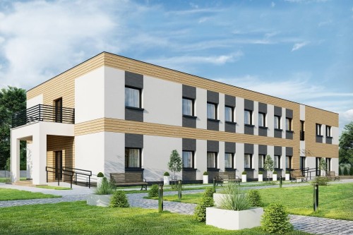 Projekt budynku terapeutycznego K-138, posiada dwie kondygnację nadziemne - parter i piętro - wizualizacja elewacji