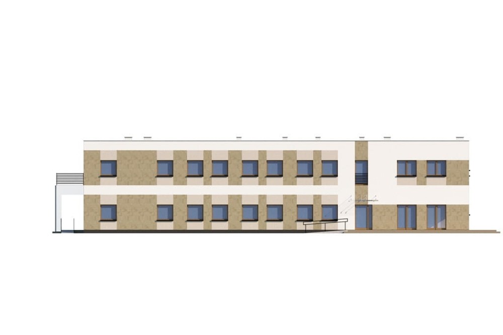 Projekt budynku terapeutycznego K-138, niepodpiwniczony i posiada dwie kondygnację nadziemne: parter i piętro- elewacja frontowa