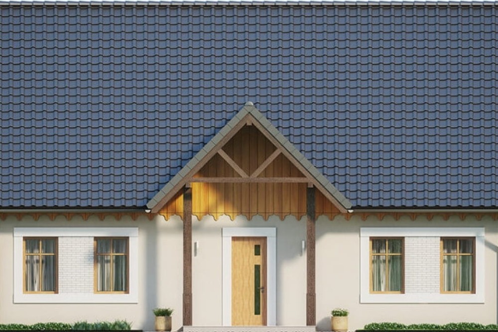 Projekt domu Orzesznik 2 L-6607,  dom parterowy z poddaszem użytkowym,  niepodpiwniczony - wizualizacja elewacji frontowej