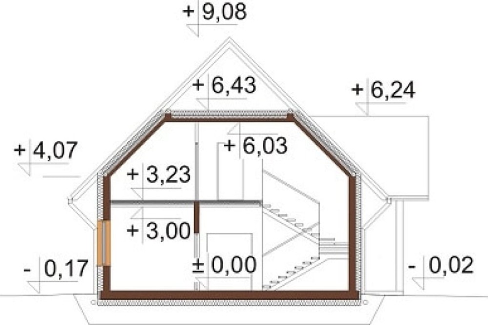 Projekt domu Orzesznik 2 L-6607,  dom parterowy z poddaszem użytkowym,  niepodpiwniczony - przekrój A-A
