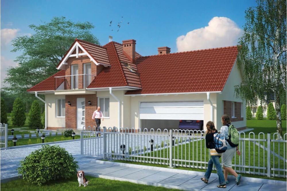 Projekt domu Bartne 2G L-6499 G, jednorodzinny, parterowy, z poddaszem mieszkalnym, bez podpiwniczenia, z garażem dwustanowiskowym - kolorystyka wersja 1