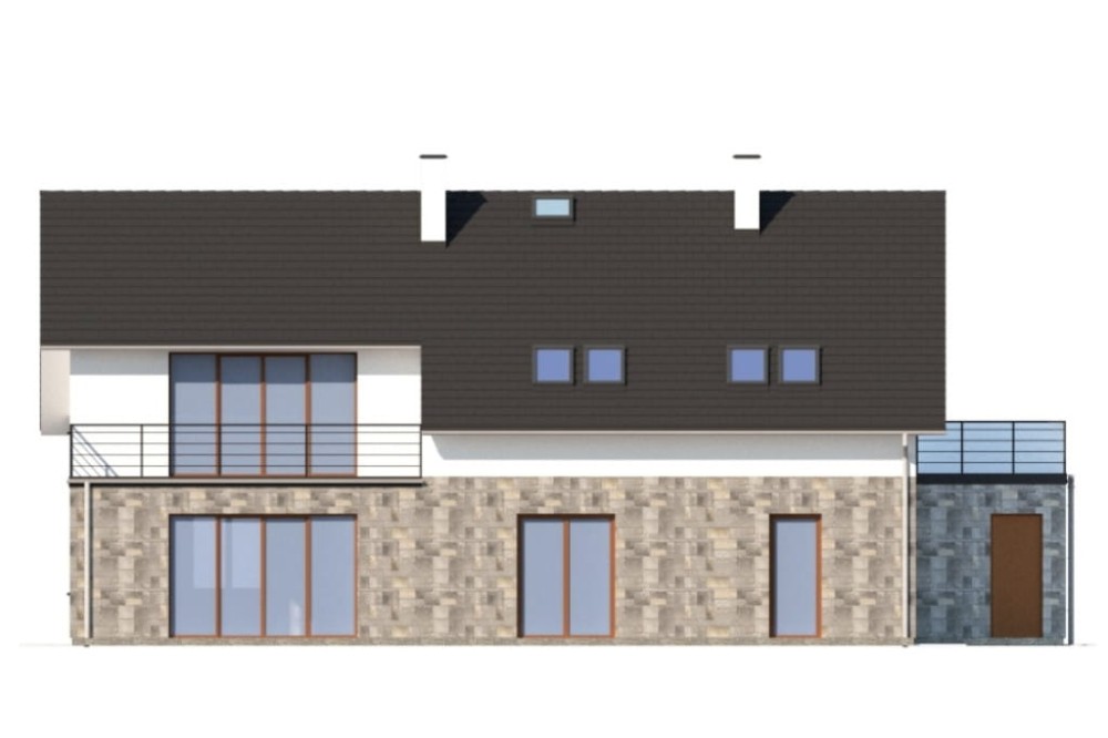 Projekt domu Clastra DM-6750, jednorodzinny dwulokalowy parterowy z poddaszem mieszkalnym, niepodpiwniczony, z garażem dwustanowiskowym -elewacja ogrodowa