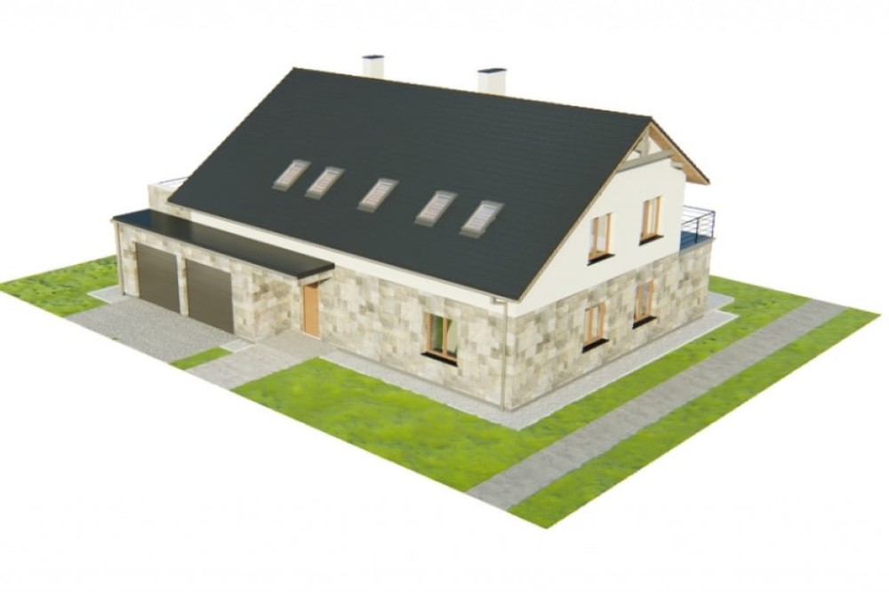Projekt domu Clastra DM-6750, jednorodzinny dwulokalowy parterowy z poddaszem mieszkalnym, niepodpiwniczony, z garażem dwustanowiskowym -model