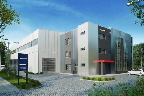 Projekt budynku magazynowo - biurowego LK-113, trzykondygnacyjny, niepodpiwniczony, bez garażu - kolorystyka wersja 2