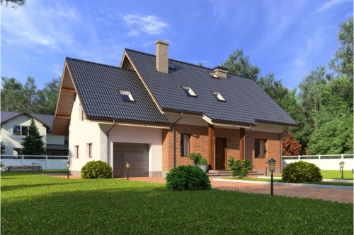 Projekt domu Modraczków 2 L-6610, dwukondygnacyjny bez podpiwniczenia, z garażem jednostanowiskowym  - kolorystyka wersja 1