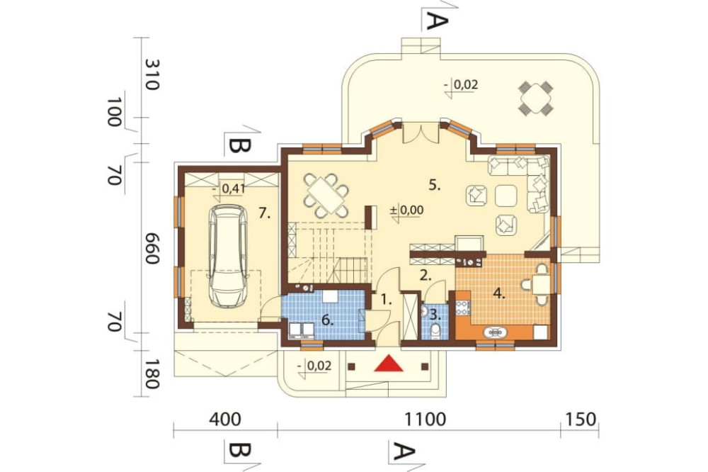 Projekt domu Modraczków 2 L-6610, dwukondygnacyjny bez podpiwniczenia, z garażem jednostanowiskowym - rzut parteru