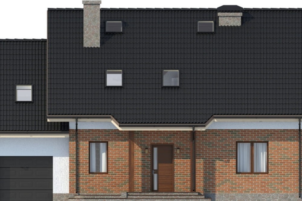 Projekt domu Modraczków 2 L-6610, dwukondygnacyjny bez podpiwniczenia, z garażem jednostanowiskowym - wizualizacja elewacji frontowej