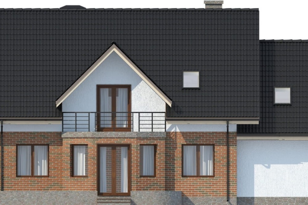 Projekt domu Modraczków 2 L-6610, dwukondygnacyjny bez podpiwniczenia, z garażem jednostanowiskowym - wizualizacja elewacji ogrodowej