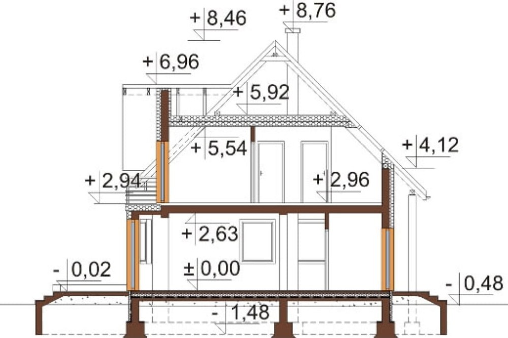 Projekt domu Modraczków 2 L-6610, dwukondygnacyjny bez podpiwniczenia, z garażem jednostanowiskowym - przekrój A-A