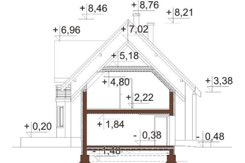 Projekt domu Modraczków 2 L-6610, dwukondygnacyjny bez podpiwniczenia, z garażem jednostanowiskowym - przekrój B-B