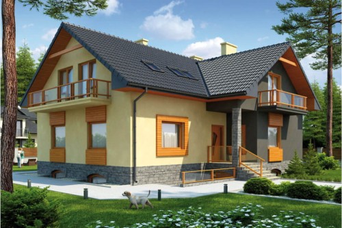 Projekt domu Konradów 2 L-6327, jednorodzinny, parterowy z poddaszem mieszkalnym, podpiwniczony - kolorystyka wersja 2