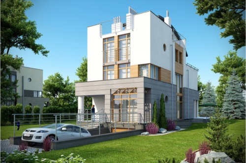 Projekt domu Okszów DM-6195, trzypiętrowy, podpiwniczony z garażem - kolorystyka wersja 1