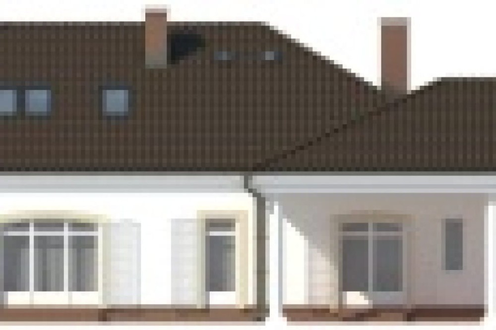 Projekt domu Łapanów DM-6484, parterowy z garażem dwustanowiskowym, z poddaszem mieszkalnym, niepodpiwniczony -elewacja ogrodowa