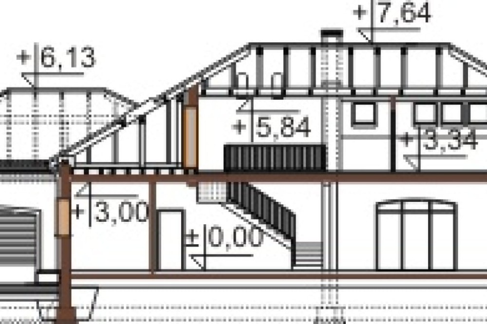Projekt domu Łapanów DM-6484, parterowy z garażem dwustanowiskowym, z poddaszem mieszkalnym, niepodpiwniczony -przekrój A-A