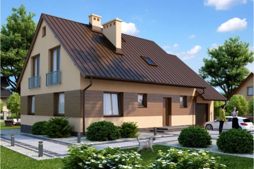 Projekt domu Ruciany 2 L-6520, parterowy z poddaszem mieszkalnym, z garażem, częściowo podpiwniczony - kolorystyka wersja 2