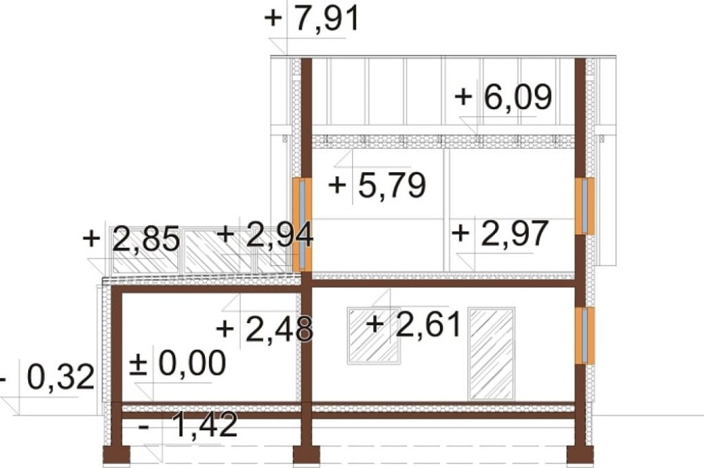 Projekt domu Kassania 2 L-6739,  parterowy z poddaszem użytkowym, z garażem jednostanowiskowym, niepodpiwniczony - przekrój B-B