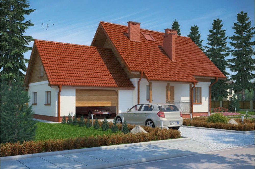 Projekt domu Sosnowa G L-6190 G, parterowy, z poddaszem użytkowym, jednorodzinny, tradycyjny, z garażem dwustanowiskowym, z podpiwniczeniem-kolorystyka wersja 2