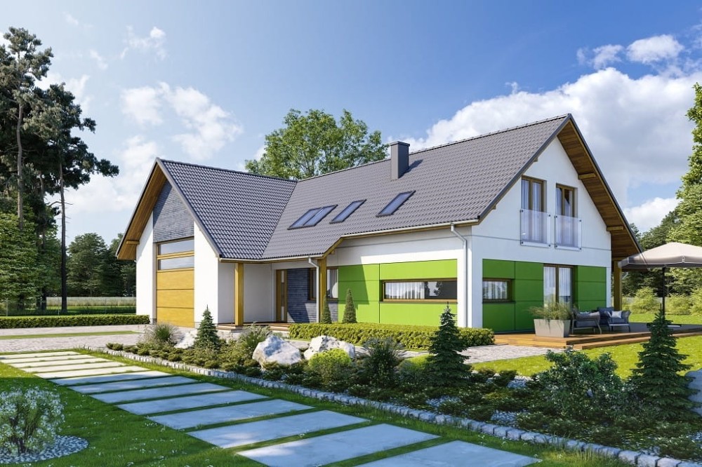 Projekt domu Koria 2 L-6696, parterowy z poddaszem użytkowym, niepodpiwniczony, z garażem dwustanowiskowym - kolorystyka wersja 2