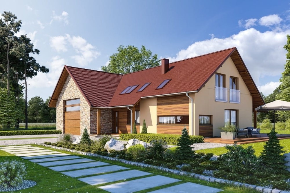 Projekt domu Koria 2 L-6696, parterowy z poddaszem użytkowym, niepodpiwniczony, z garażem dwustanowiskowym - kolorystyka wersja 3