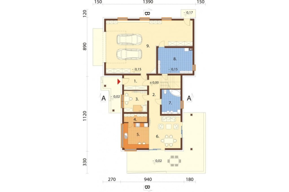 Projekt domu Koria 2 L-6696, parterowy z poddaszem użytkowym, niepodpiwniczony, z garażem dwustanowiskowym - rzut parteru