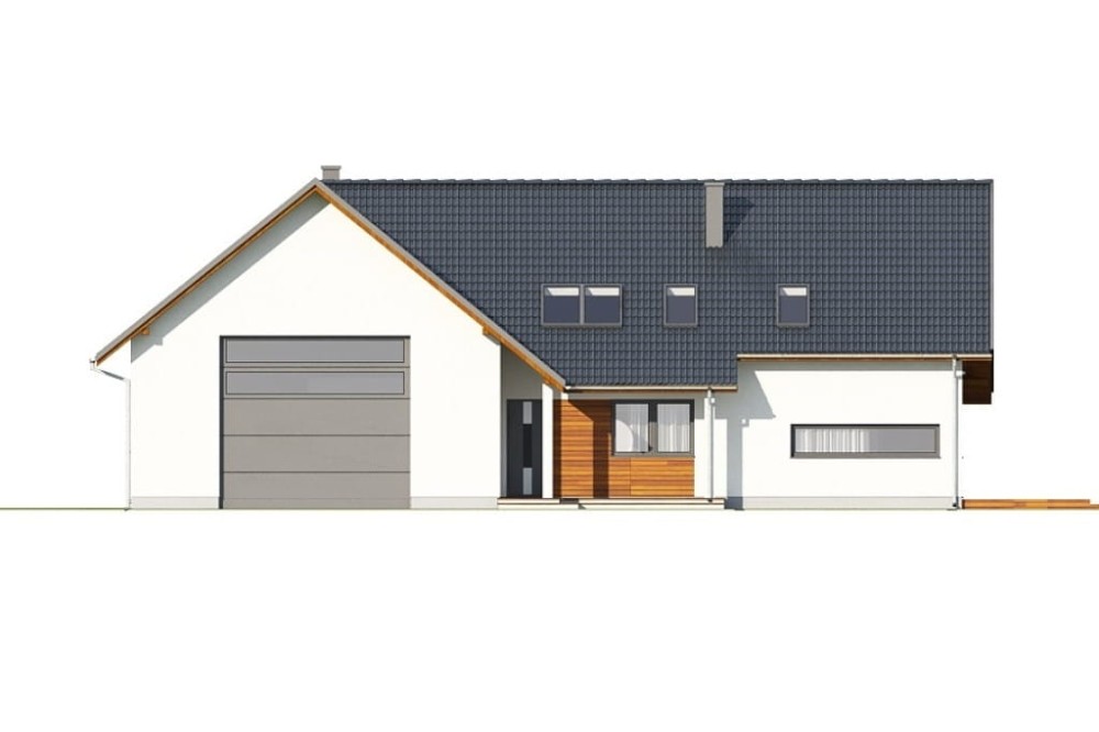Projekt domu Koria 2 L-6696, parterowy z poddaszem użytkowym, niepodpiwniczony, z garażem dwustanowiskowym - wizualizacja elewacji frontowej