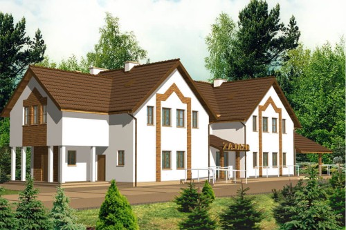 Projekt motelu, pensjonatu LK-07, budynek parterowy z poddaszem użytkowym, bez, garażu, bez podpiwniczenia - kolorystyka wersja 1