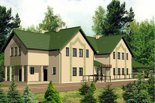 Projekt motelu, pensjonatu LK-07, budynek parterowy z poddaszem użytkowym, bez, garażu, bez podpiwniczenia - kolorystyka wersja 2