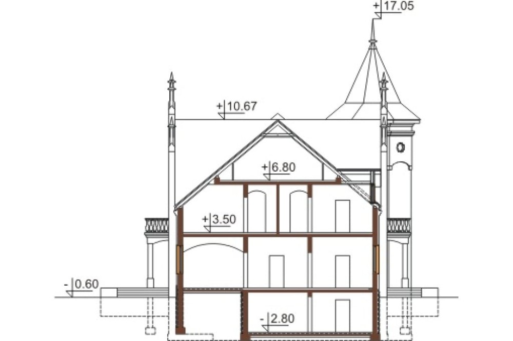 Projekt domu Sokołowiec RW-03, piętrowy z poddaszem użytkowym, z garażem czterostanowiskowym, częściowo podpiwniczony - przekrój A-A