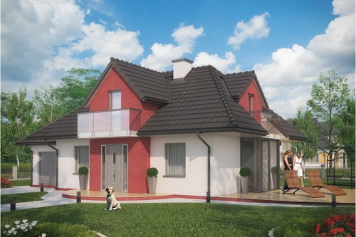 Projekt domu Śnieżyn 2 L-6346, parterowy z garażem, z poddaszem mieszkalnym, bez podpiwniczenia - kolorystyka wersja 1