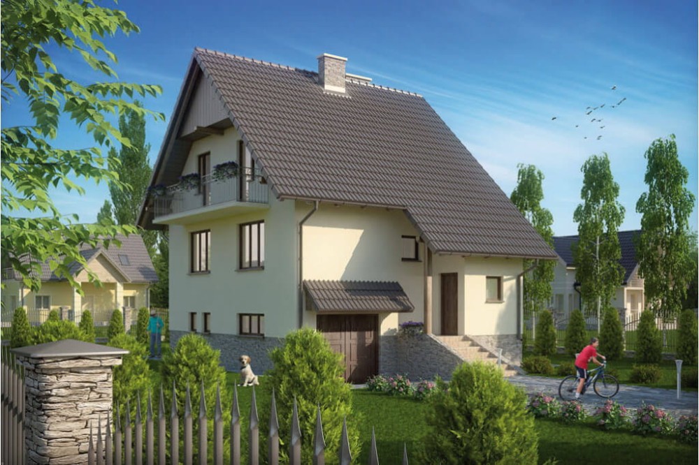 Projekt domu Szyszków L-6088, parterowy z poddaszem mieszkalnym, z garażem, podpiwniczony - kolorystyka wersja 1