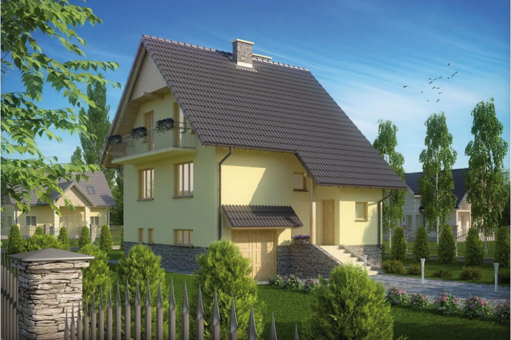 Projekt domu Szyszków L-6088, parterowy z poddaszem mieszkalnym, z garażem, podpiwniczony - kolorystyka wersja 2