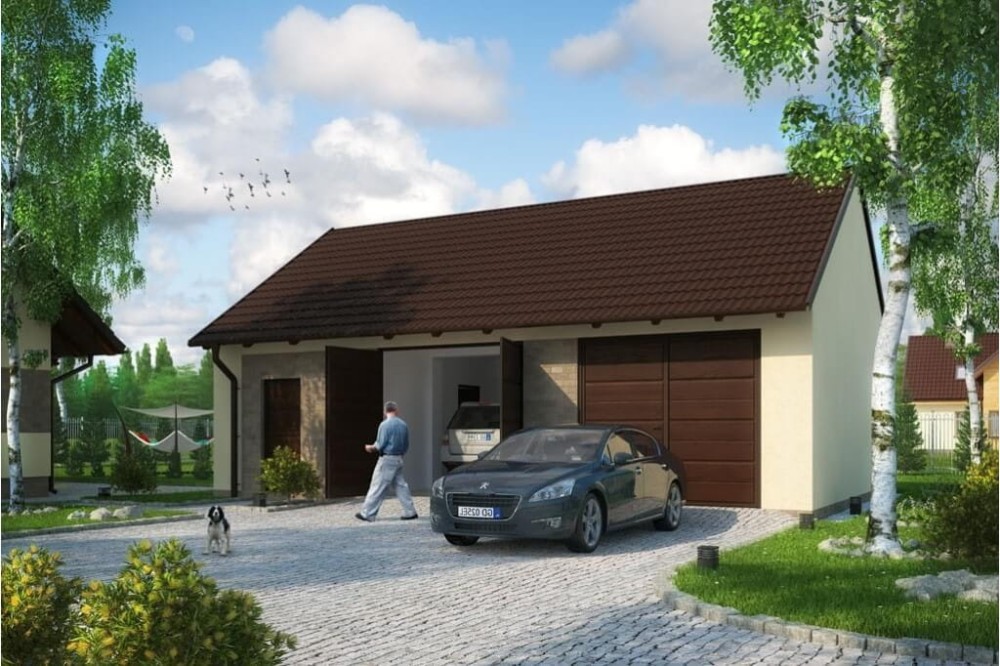 Projekt garażu dwustanowiskowego   LZG-89, parterowy, niepodpiwniczony - kolorystyka wersja 1