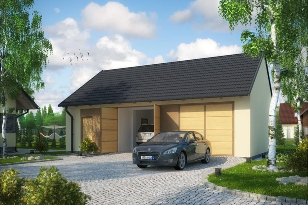 Projekt garażu dwustanowiskowego LZG-89, parterowy, niepodpiwniczony - kolorystyka wersja 3