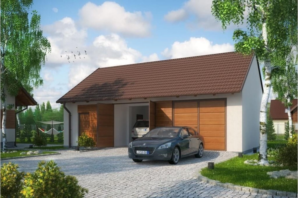 Projekt garażu dwustanowiskowego LZG-89, parterowy, niepodpiwniczony - kolorystyka wersja 4
