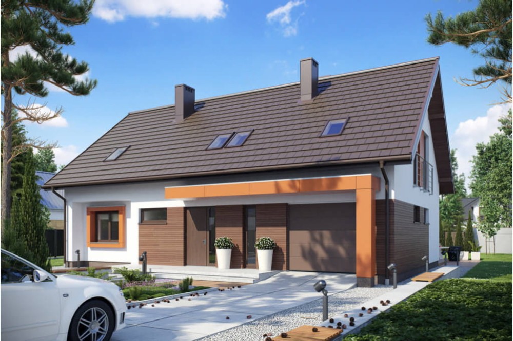 Projekt domu Rycerka 2 L-6411, parterowy  z poddaszem użytkowym, jednorodzinny, tradycyjny, z garażem-kolorystyka wersja 1