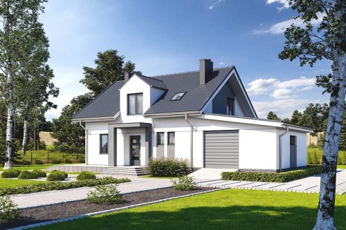 Projekt domu Emporia 2 L-6697, dwumieszkaniowy, parterowy z poddaszem użytkowym, z garażem jednostanowiskowym - kolorystyka wersja 2