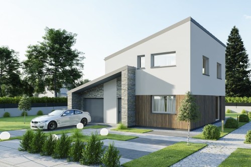 Projekt domu Emenita DM-6803, parterowy z poddaszem użytkowym, garażem jednostanowiskowym - kolorystyka wersja 2