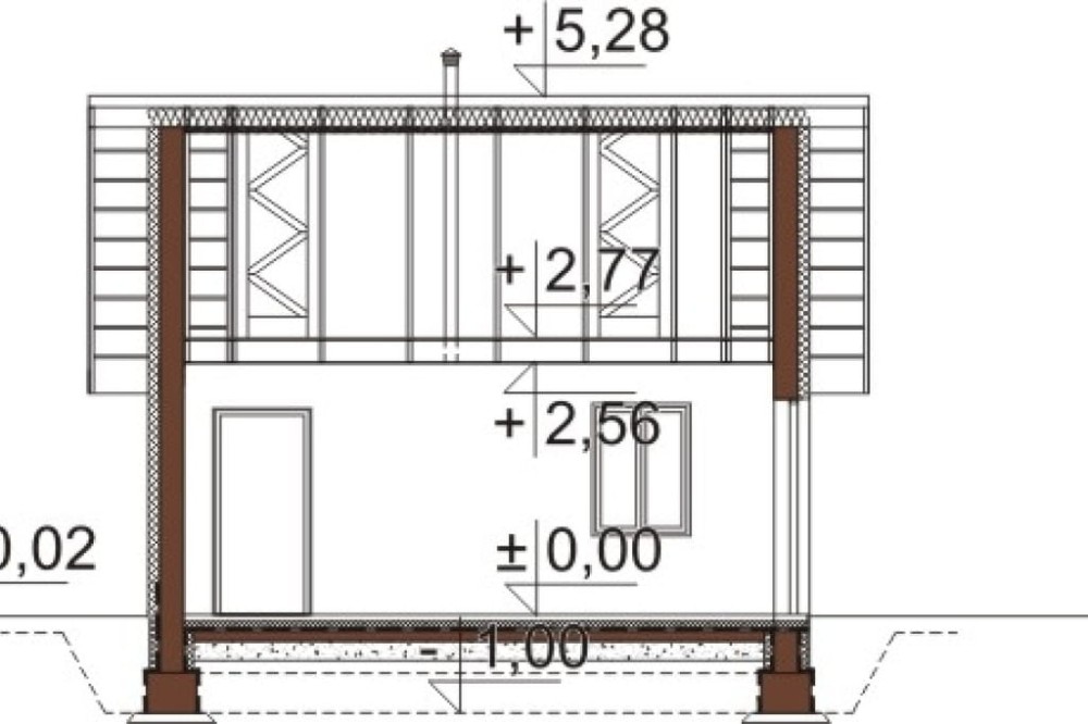 Projekt garażu dwustanowiskowego ZG-106, parterowy, bez poddasza, niepodpiwniczony - przekrój B-B