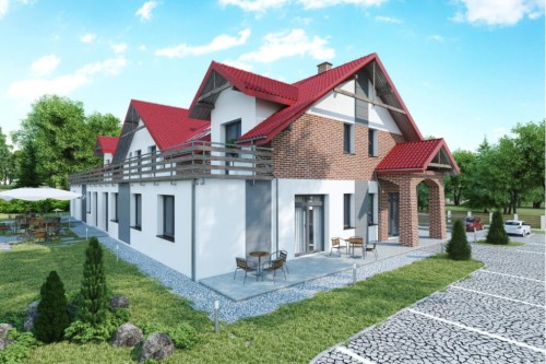 Projekt domu weselnego z pokojami gościnnymi i częścią mieszkalną LK-58 C, parterowy z poddaszem użytkowym, podpiwniczony, z dwoma garażami dwustanowiskowymi - kolorystyka wersja 2