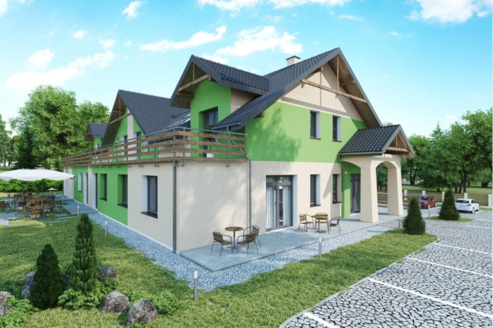 Projekt domu weselnego z pokojami gościnnymi i częścią mieszkalną LK-58 C, parterowy z poddaszem użytkowym, podpiwniczony, z dwoma garażami dwustanowiskowymi - kolorystyka wersja 3