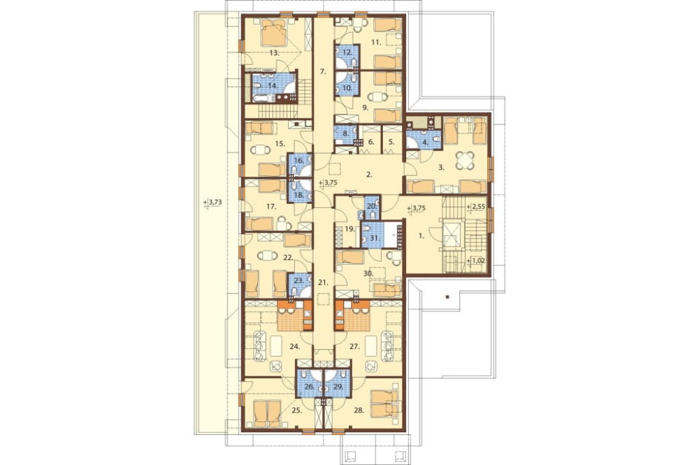 Projekt domu weselnego z pokojami gościnnymi i częścią mieszkalną LK-58 C, parterowy z poddaszem użytkowym, podpiwniczony, z dwoma garażami dwustanowiskowymi  - rzut poddasza