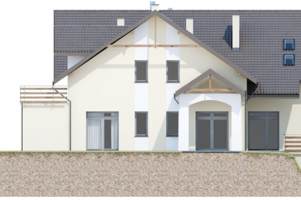 Projekt domu weselnego z pokojami gościnnymi i częścią mieszkalną LK-58 C, parterowy z poddaszem użytkowym, podpiwniczony, z dwoma garażami dwustanowiskowymi  - elewacja frontowa