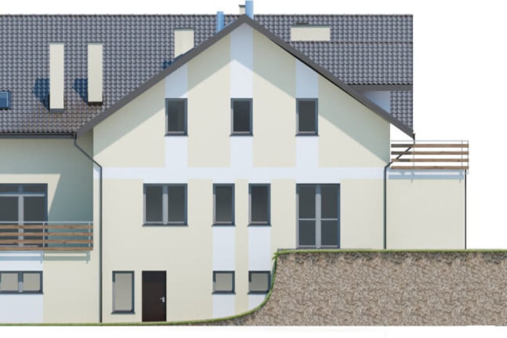 Projekt domu weselnego z pokojami gościnnymi i częścią mieszkalną LK-58 C, parterowy z poddaszem użytkowym, podpiwniczony, z dwoma garażami dwustanowiskowymi  - elewacja ogrodowa