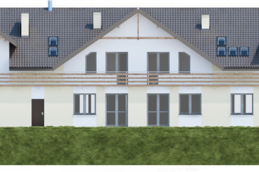 Projekt domu weselnego z pokojami gościnnymi i częścią mieszkalną LK-58 C, parterowy z poddaszem użytkowym, podpiwniczony, z dwoma garażami dwustanowiskowymi  - elewacja lewa