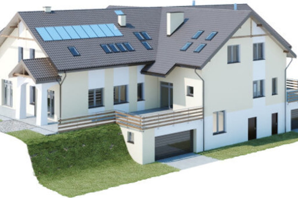 Projekt domu weselnego z pokojami gościnnymi i częścią mieszkalną LK-58 C, parterowy z poddaszem użytkowym, podpiwniczony, z dwoma garażami dwustanowiskowymi  - model