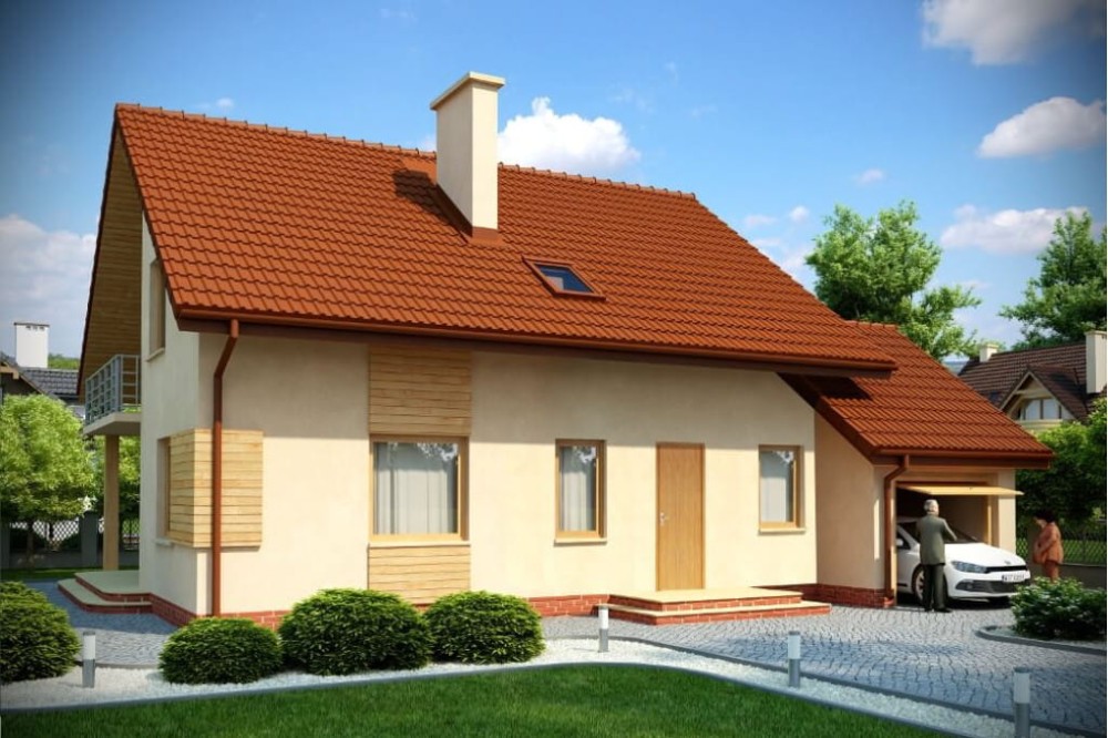 Projekt domu Janowiec N DM-6028 N,  parterowy z poddaszem mieszkalnym, z garażem, bez podpiwniczenia - kolorystyka wersja 4