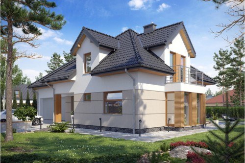 Projekt domu Augustów 2 L-6416, parterowy z poddaszem użytkowym i dwustanowiskowym garażem-kolorystyka wersja 1