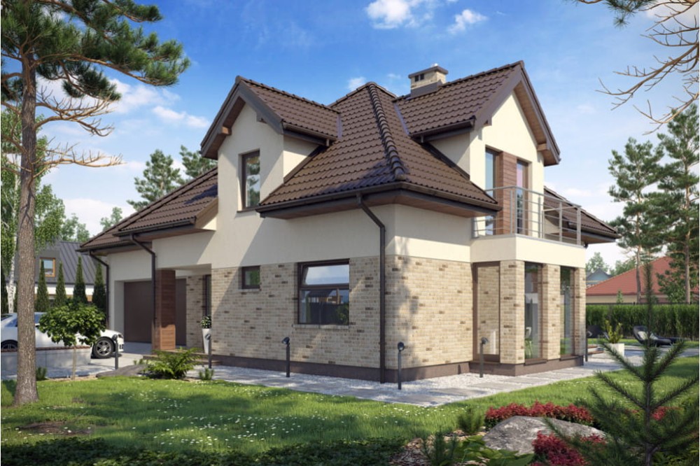 Projekt domu Augustów 2 L-6416, parterowy z poddaszem użytkowym i dwustanowiskowym garażem-kolorystyka wersja 2